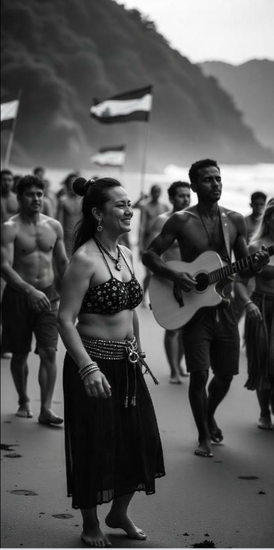 Pessoas à beira mar a cantar