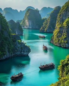Vista panorâmica da Baía de Ha Long com formações rochosas e barcos tradicionais