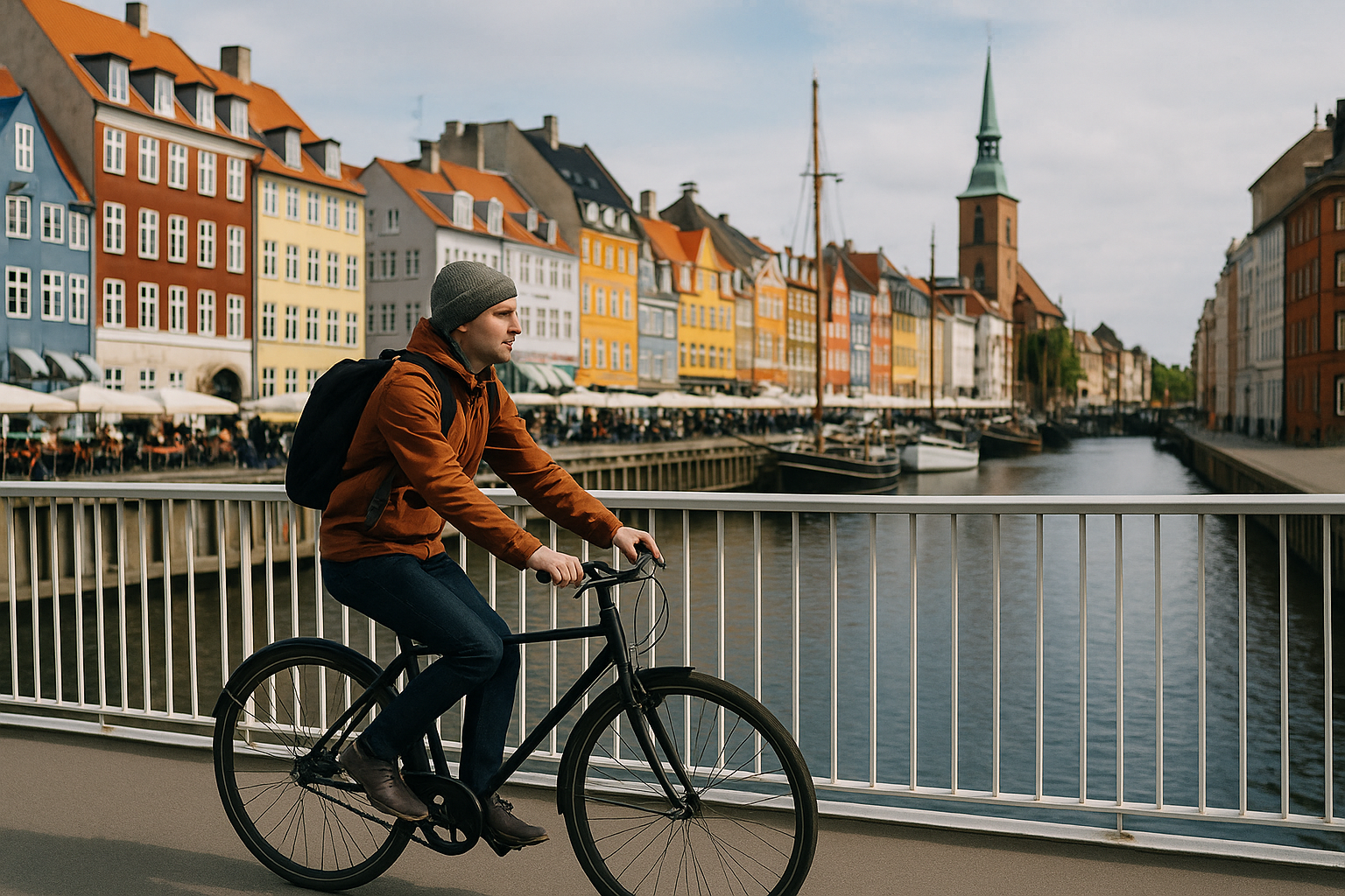 Homem a andar de bicicleta numa ponte em Copenhaga, com os edifícios coloridos de Nyhavn ao fundo.