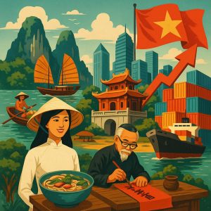 Imagem ilustrativa do Vietname, representando cultura, paisagens, tradições, turismo, gastronomia tradicional e crescimento econômico.