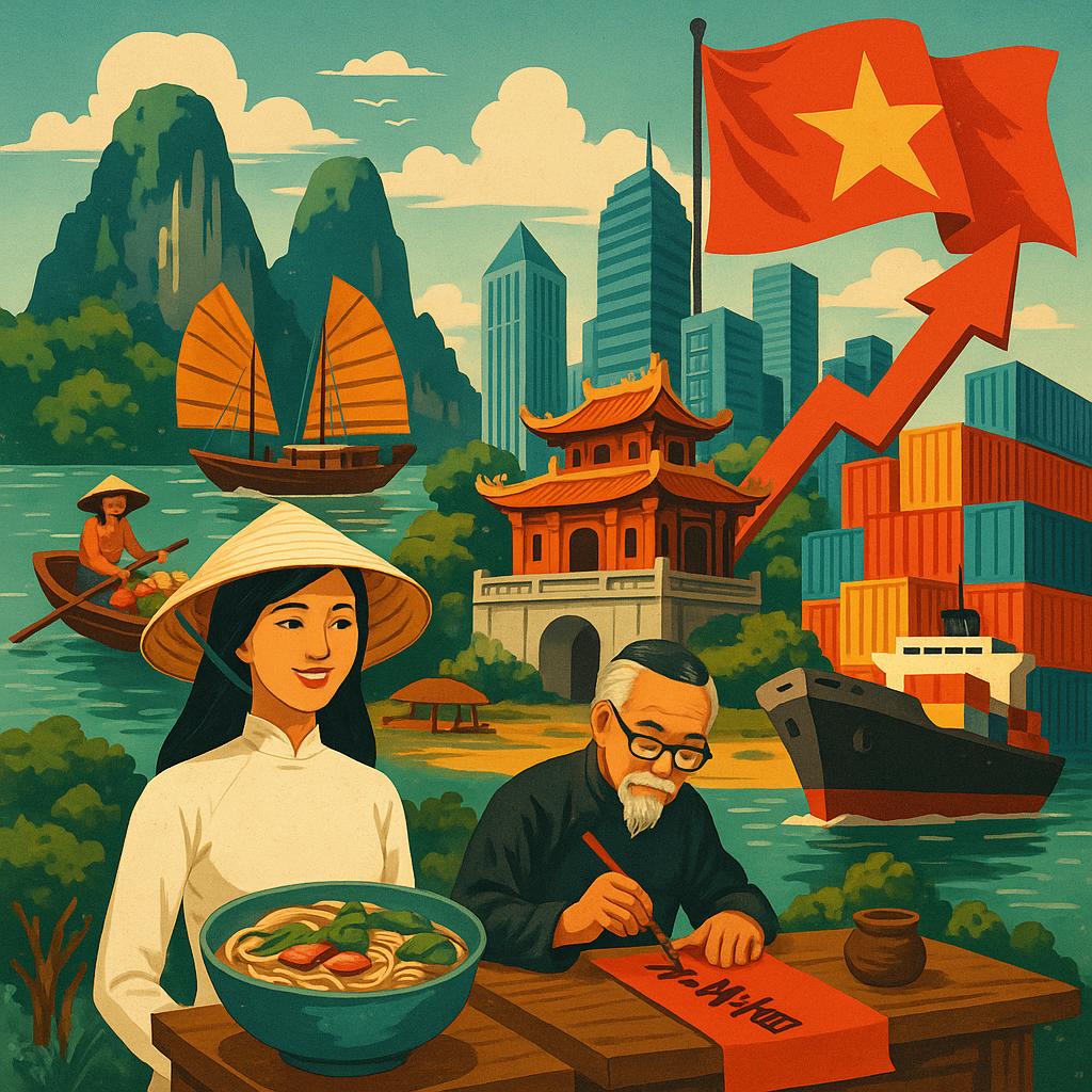 Imagem ilustrativa do Vietname, representando cultura, paisagens, tradições, turismo, gastronomia tradicional e crescimento econômico.