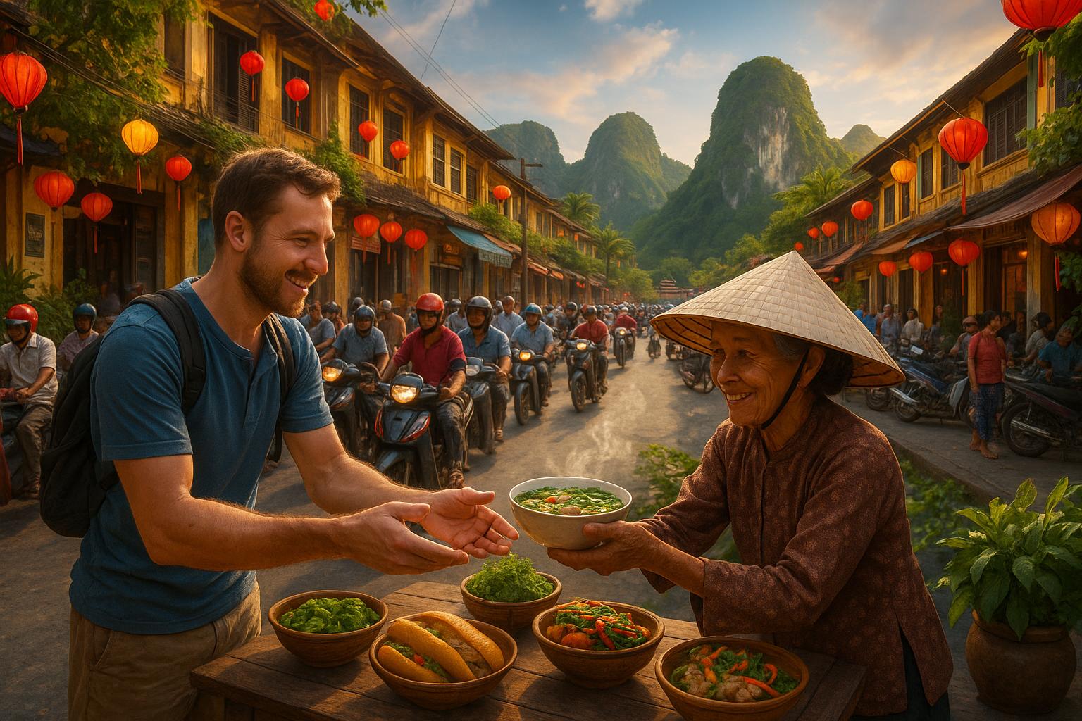 Um homem ocidental sorri enquanto recebe uma tigela de sopa pho de uma vendedora vietnamita idosa num mercado de rua, com motociclistas ao fundo e montanhas cobertas de vegetação.