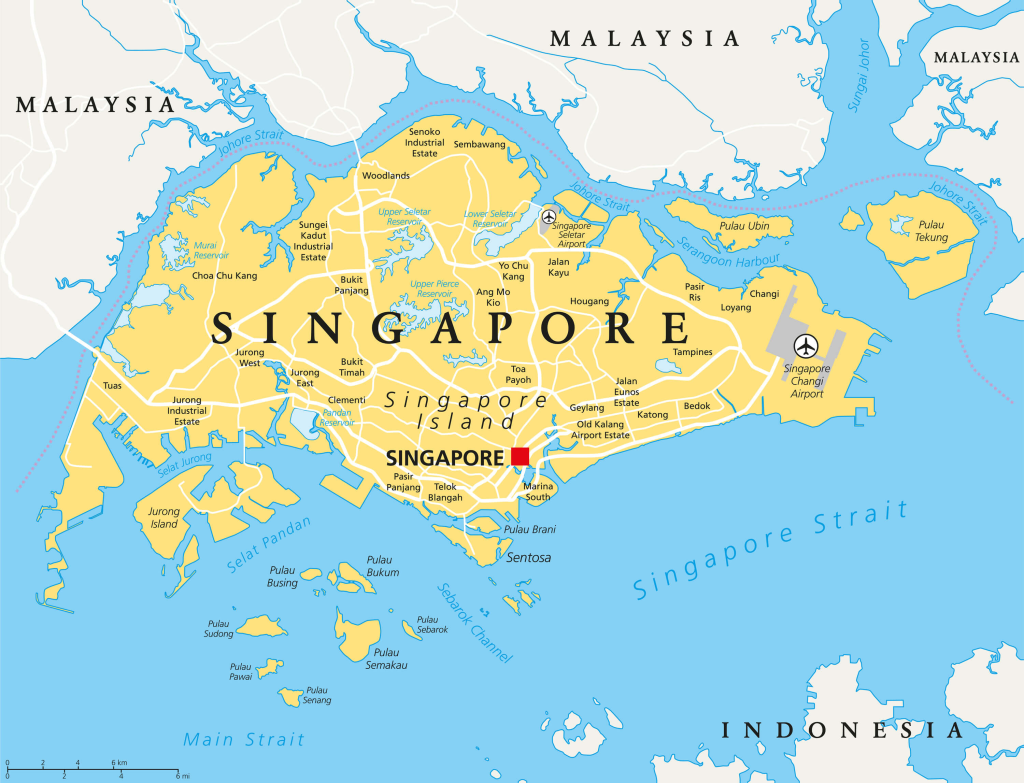 Localização geográfica de Singapura no Sudeste Asiático, evidenciando a sua posição estratégica como ponto de ligação entre os principais mercados da região.