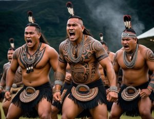Maoris fazendo o Haka - dança e canto essencial da cultura ancestral.