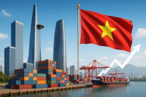 Vista moderna do Vietname com infraestruturas, contentores de carga, navio, bandeira Vietnamita, simbolizando o crescimento económico e comercial.