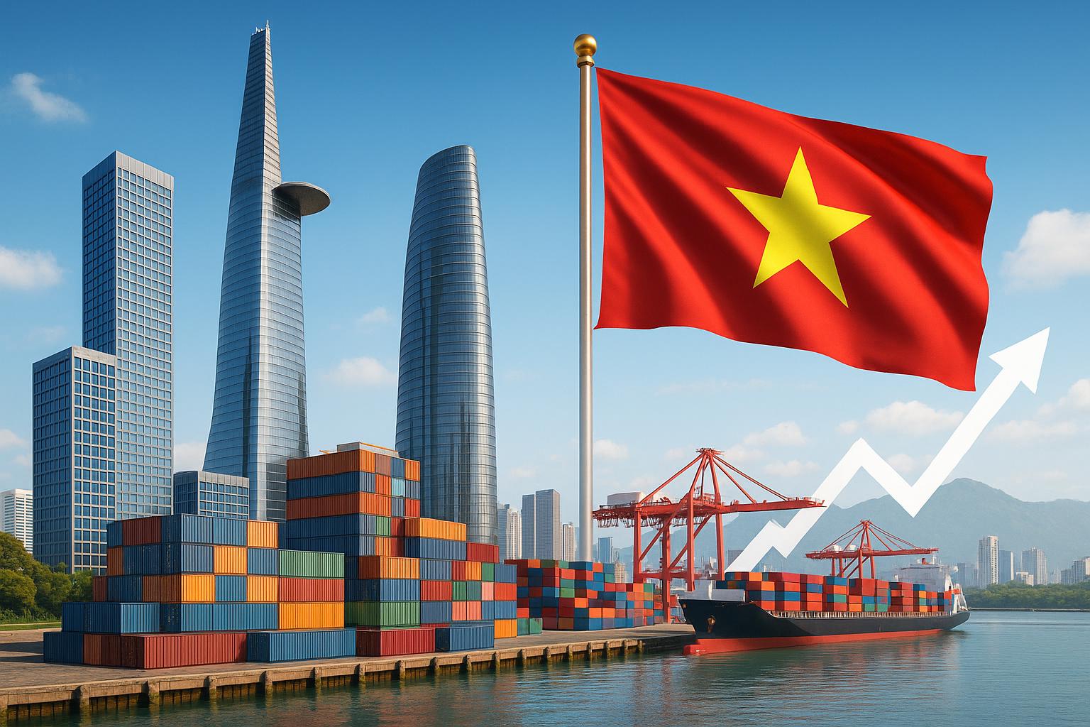 Vista moderna do Vietname com infraestruturas, contentores de carga, navio, bandeira Vietnamita, simbolizando o crescimento económico e comercial.